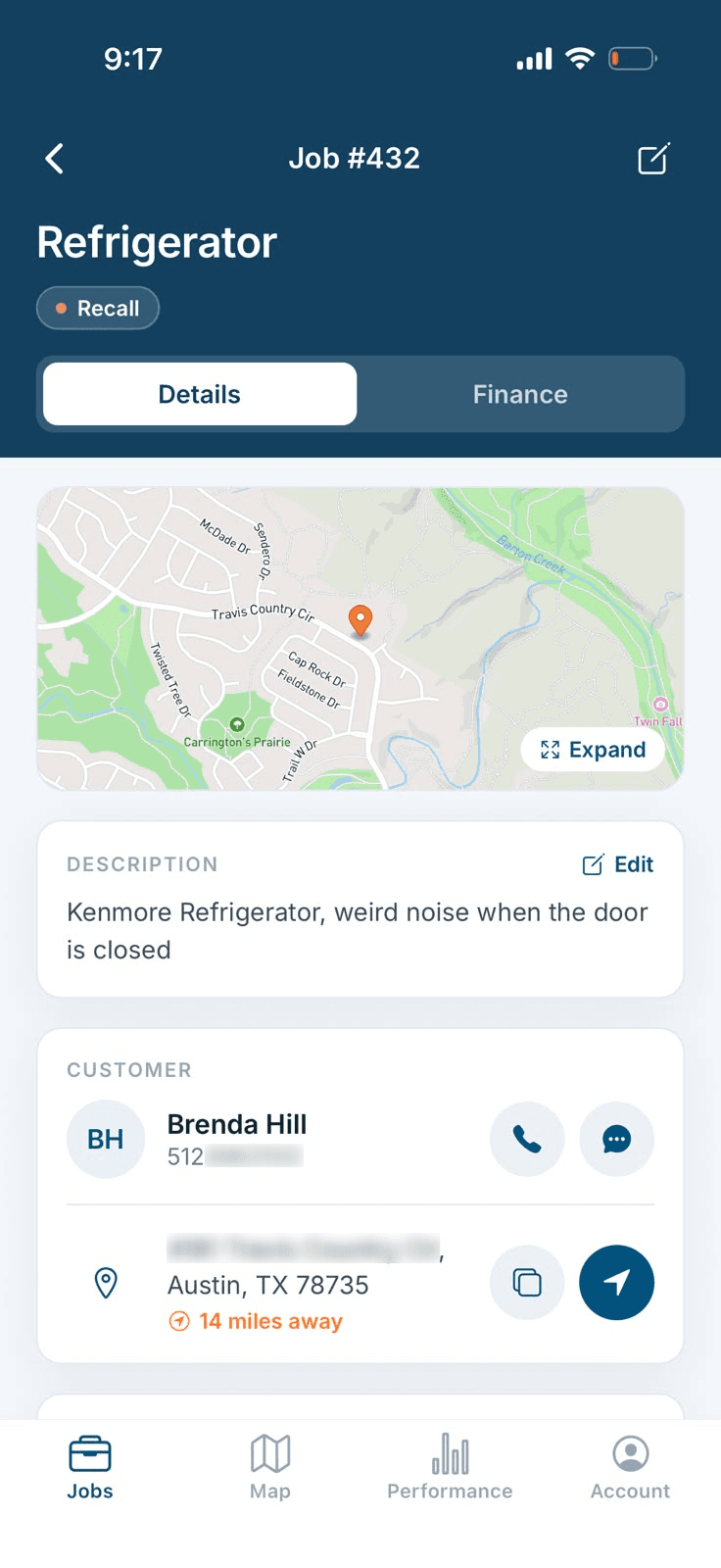 Cintrom mobile app — job detail with map, description, and customer card