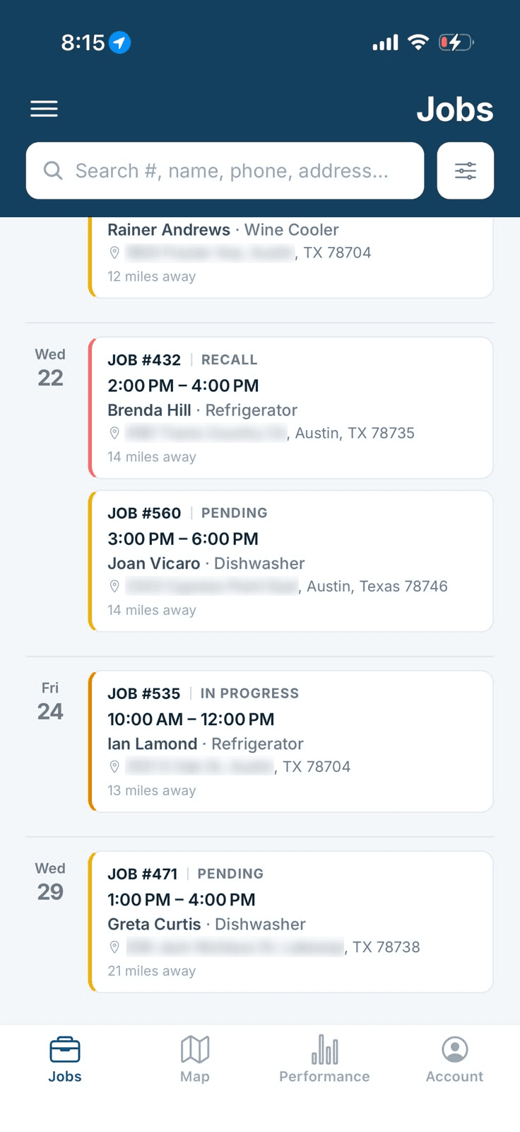 Cintrom mobile app — jobs list grouped by day with status colors
