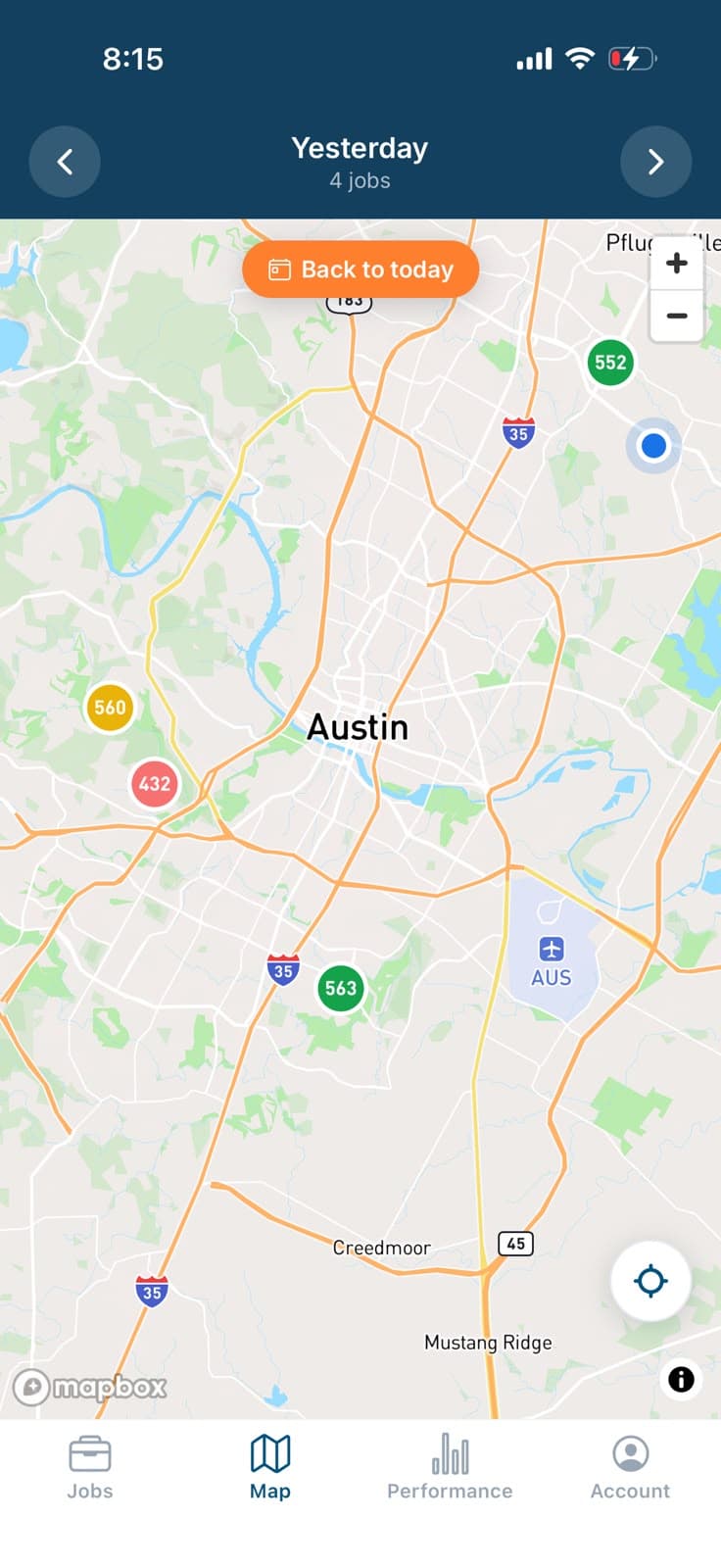 Cintrom mobile app — day map with status-colored job pins around the city